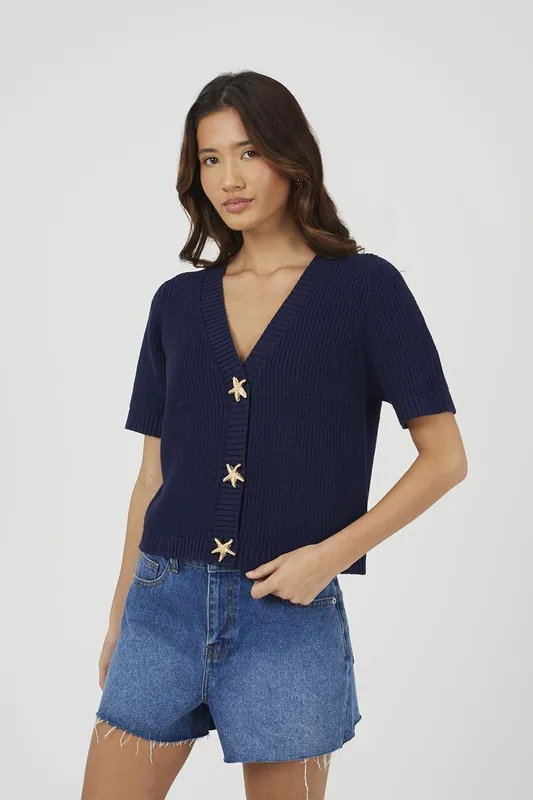 Short Sleeve Knitted Cardigan With Starfish Buttons - Brave Soul