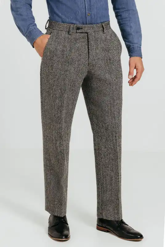 Grey Herringbone Harris Tweed Trousers - Dobell
