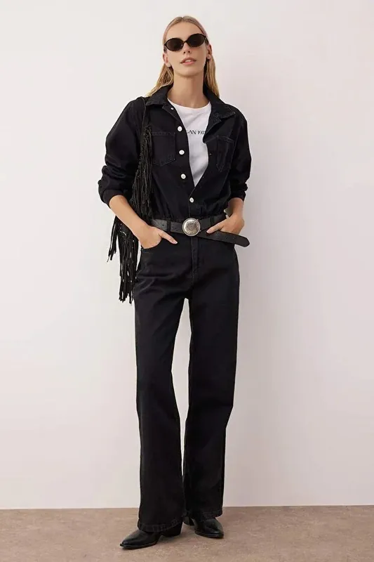 Snap Button Collared Wide Leg Denim Jumpsuit - WOVCOR
