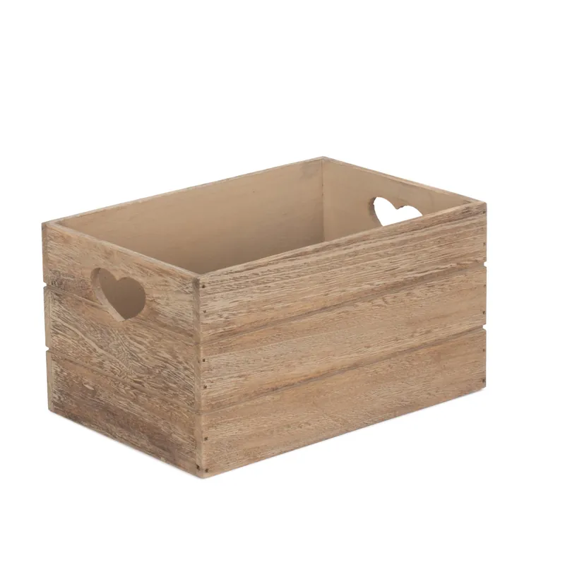 Oak Effect Heart Cut Handle Wooden Storage Crate - Red Hamper