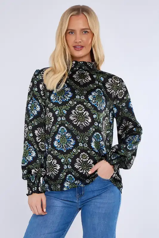 Black Baroque Floral Print Shirred Waist Blouse - Love Sunshine
