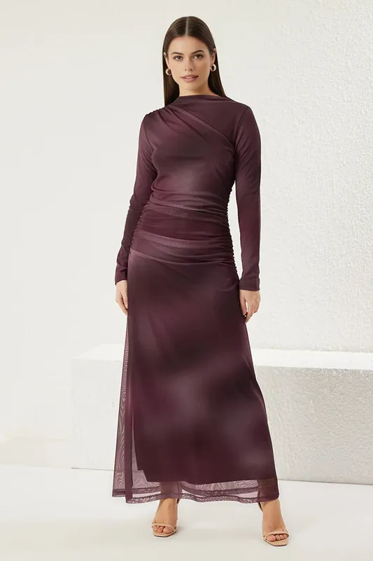 Ruched Mesh Long Sleeve Maxi Dress - WOVCOR