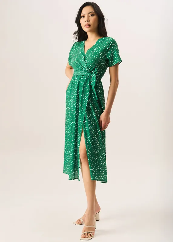 Green Animal Print Wrap Midi Dress - Gini London