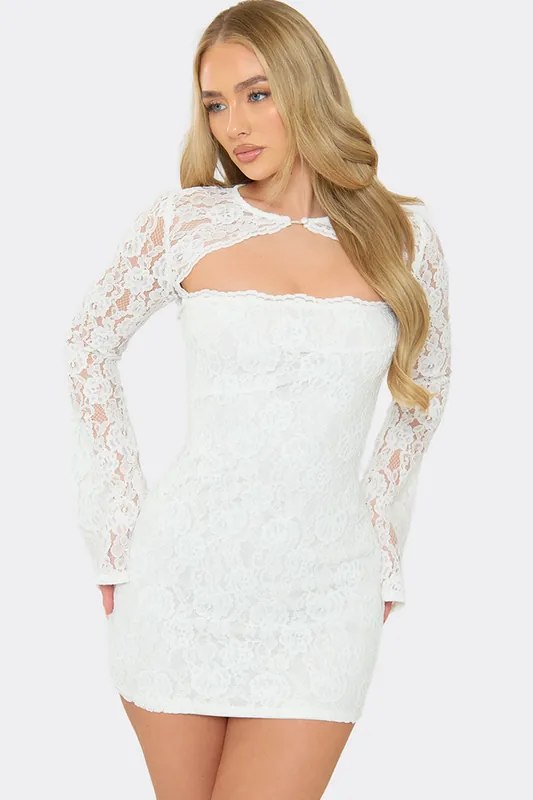Long Sleeve Button Cut Out Lace Mini Dress - EGO