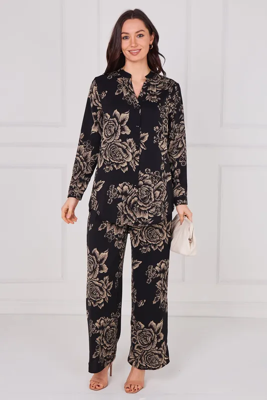 Noir Vintage Rose Print Shirt and Trousers Co-Ord Set