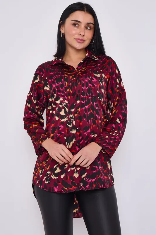 Wine Leopard Print Satin Oversized Shirt - Love Sunshine