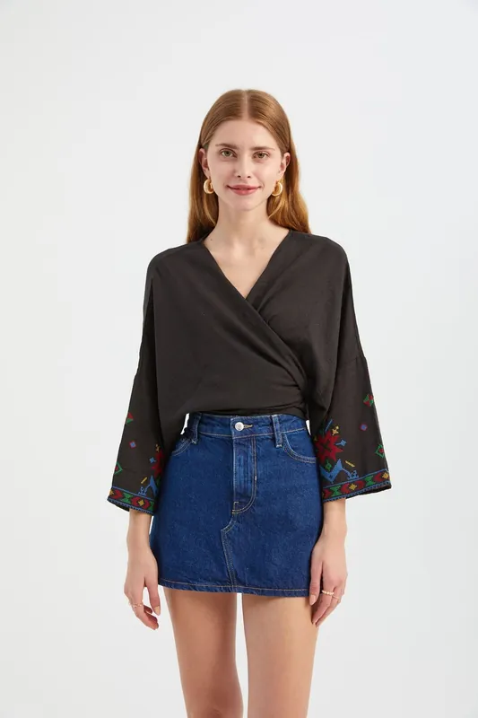 Embroidered V Neck Long Sleeve Boho Blouse - Hiccup