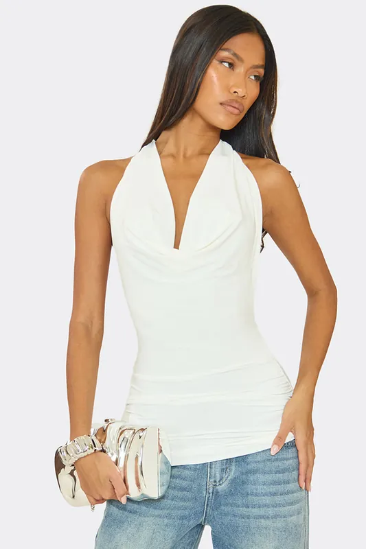 Sleeveless Halter Neck Tie Back Slinky Top - EGO