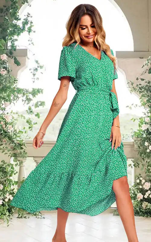 White Little Flower Print Short Sleeve Wrap Style Midi Dress In Green - FS Collection