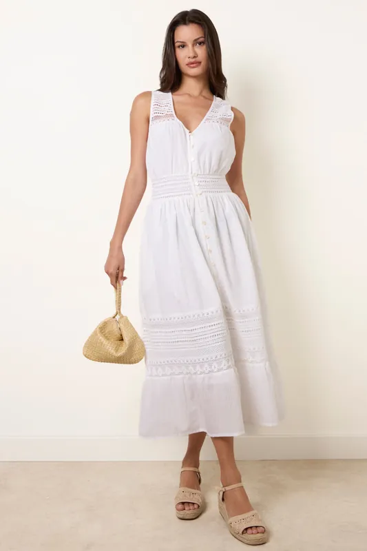 Ivory Crochet Insert Button Midi Dress - Blue Vanilla