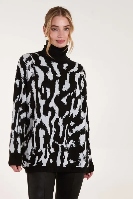 Abstract Animal Roll Neck Jumper - Blue Vanilla