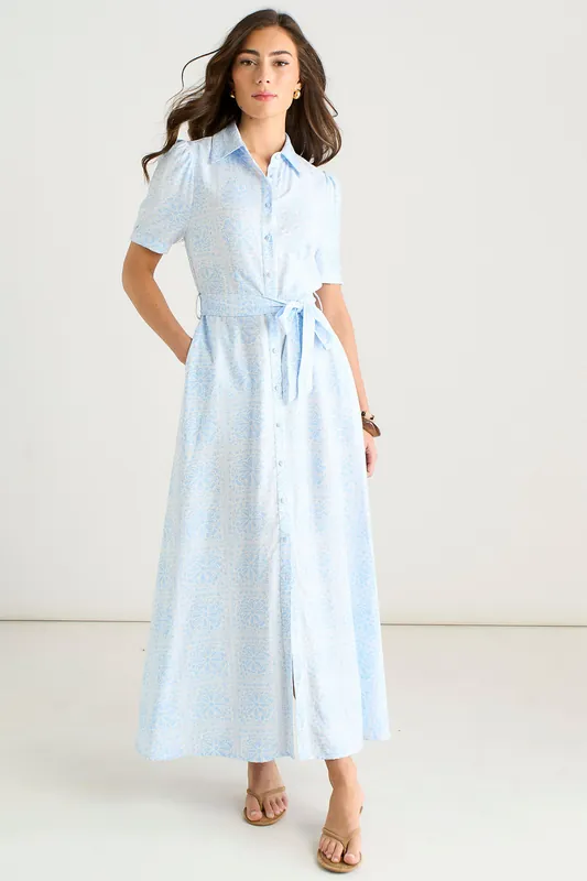 Cotton Mix Blue Tile Print Button Through Maxi Shirt Dress - Gini London