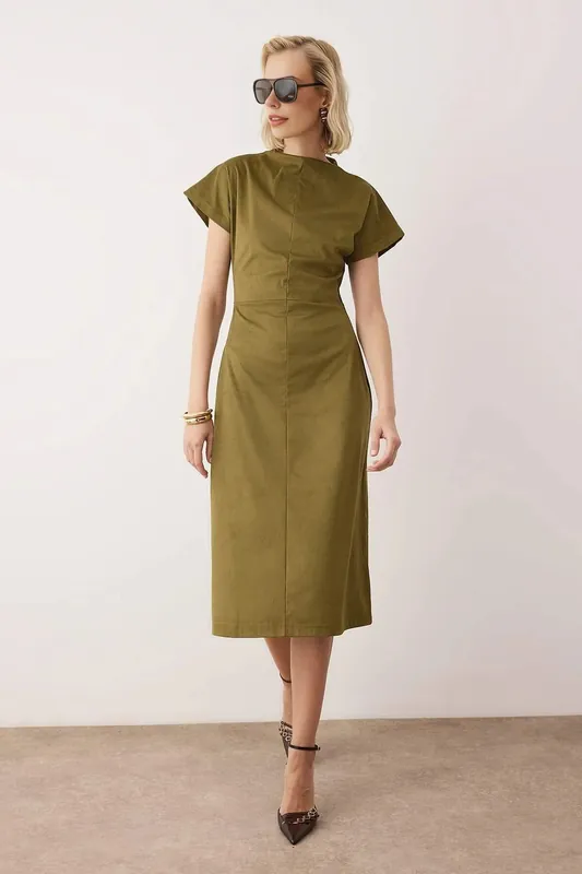 Gathered A-Line Midi Suede Knit Dress