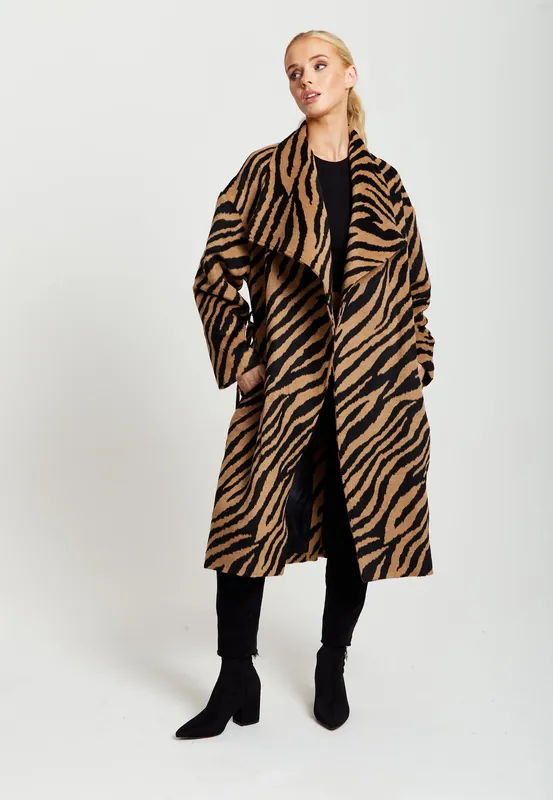 Zebra Print Longline Coat In Brown And Black - Liquorish