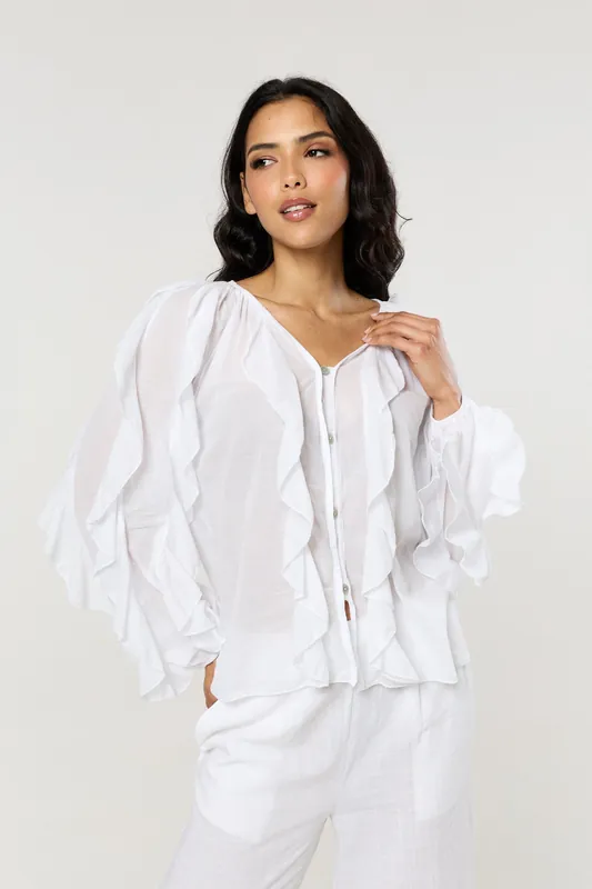 White Ruffle Button Down Cotton Blouse - Liquorish