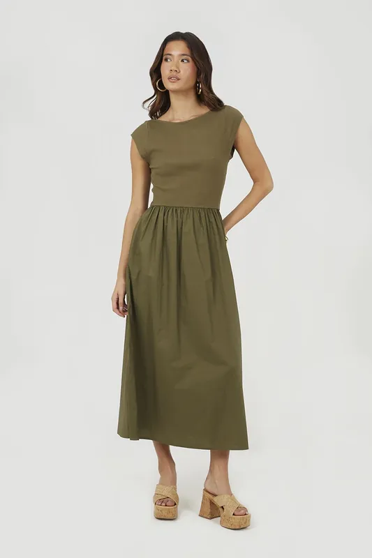 Boat Neck Jersey And Poplin Mix Midi Dress - Brave Soul