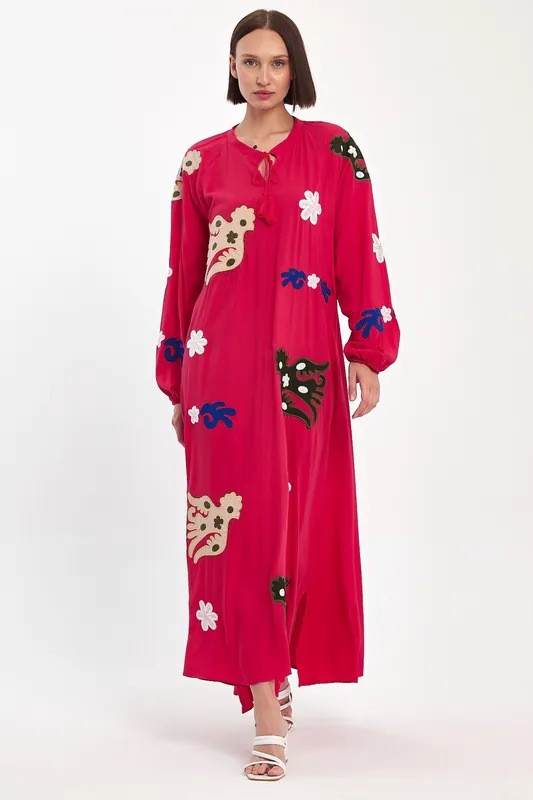 Embroidered Maxi Dress with Statement Motifs in Pink - Belissh