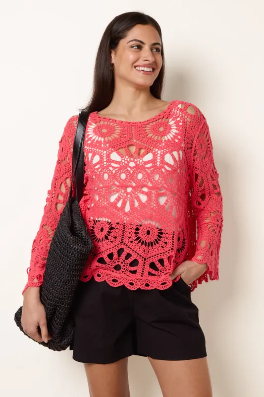 Coral Crochet Top With Flared Sleeves - Blue Vanilla