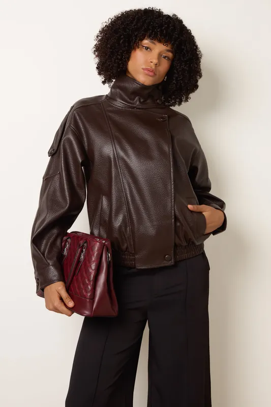 Brown High Collar Faux Leather Jacket - Blue Vanilla