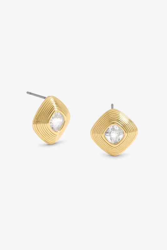Gold Plated Ridge And Crystal Stud Earrings - Jon Richard