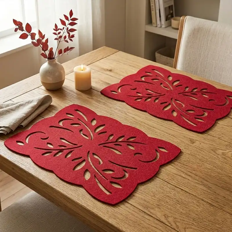 Set of Two Red Felt Leaf Design Placemats, Durable Heat-Resistant Table Mats for Dining