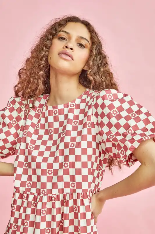 Checkerboard Floral Tiered Midi Dress - Shnoo