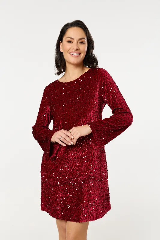 Red Sequin Long Sleeve Mini Dress - Liquorish