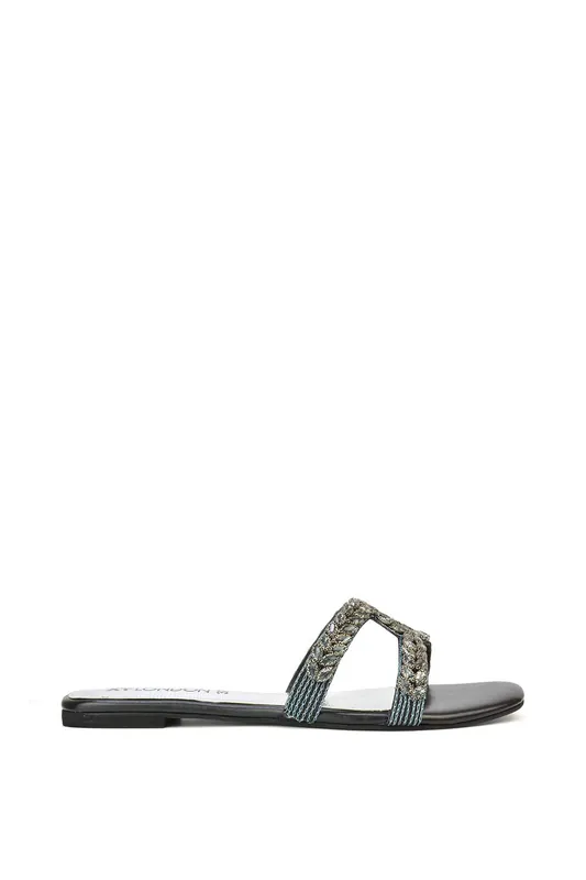 Kane' Slip On Cut Out Square Toe Diamante Flat Sandals Sliders - XY London