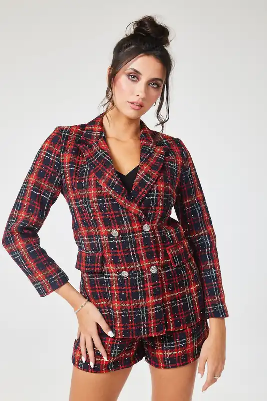 Red Check Tweed Short Pant Suit - LuvForever Fashion