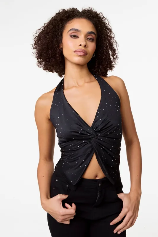Black Diamante Slinky Halter Top - Pink Vanilla
