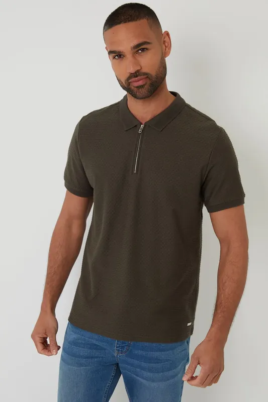 Textured Cotton Quarter Zip Polo Shirt - Threadbare