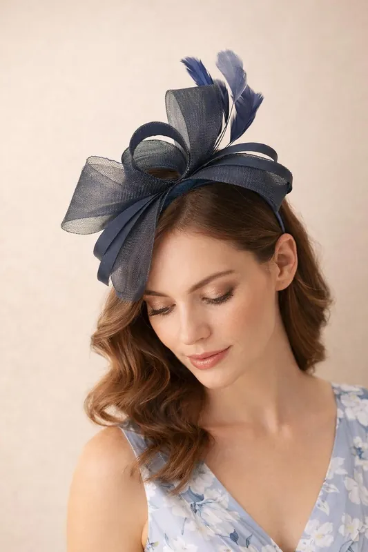 Bow Shaped Fascinator with Satin Loops & Feathers - SVNX