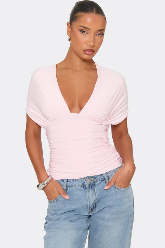 Short Sleeve Plunging Neckline Tie Back Slinky Top - EGO