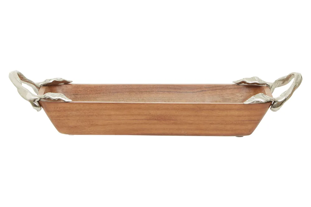 Acacia Wood Small Serving Dish, Lightweight Decorative Tray With Aluminium Handles, Durable Rustic Platter - Orsina