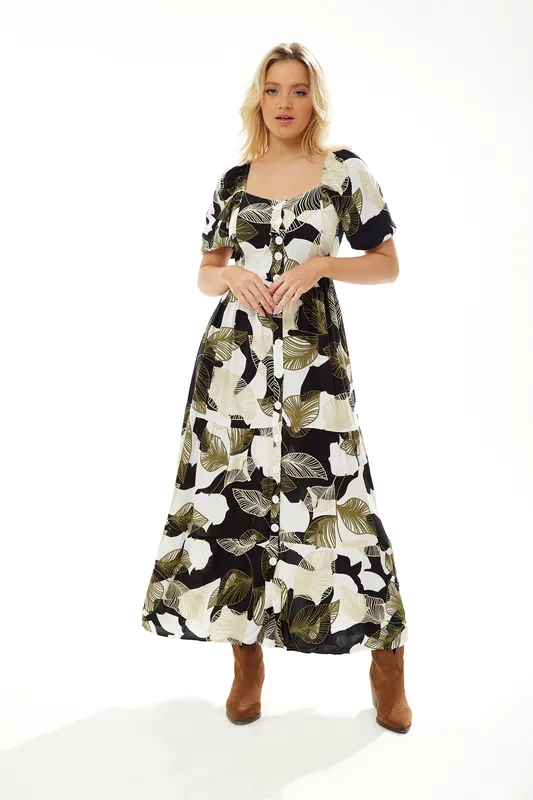Leaf Print Button up Maxi Dress - Liquorish