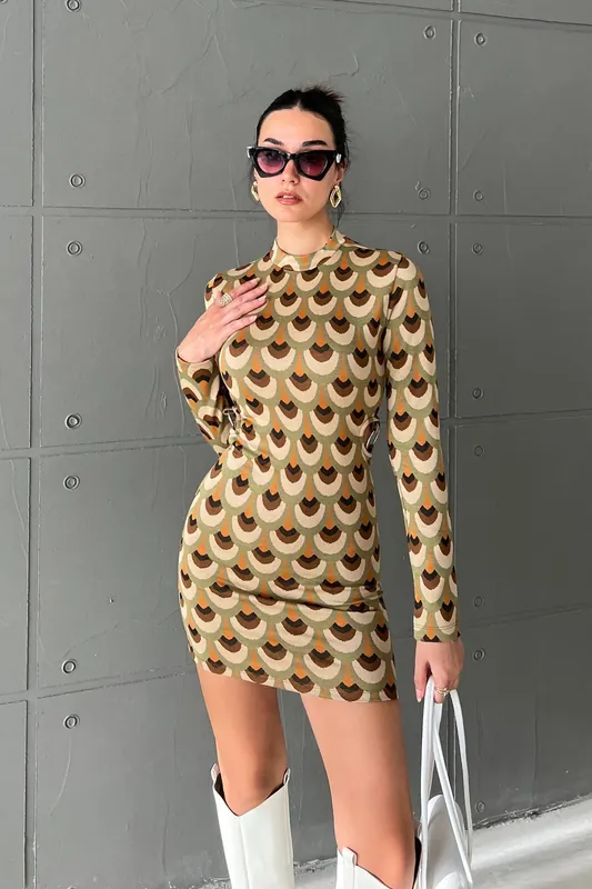 Geometric High Neck Long Sleeve Mini Bodycon Dress - Hiccup