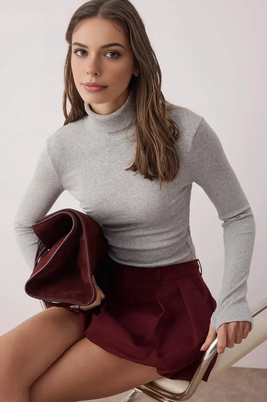 Fitted Turtleneck Knit Blouse with Finger Detail - WOVCOR