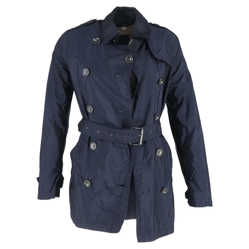 Preloved Double-Breasted Belted Peacoat in Navy Blue Nylon