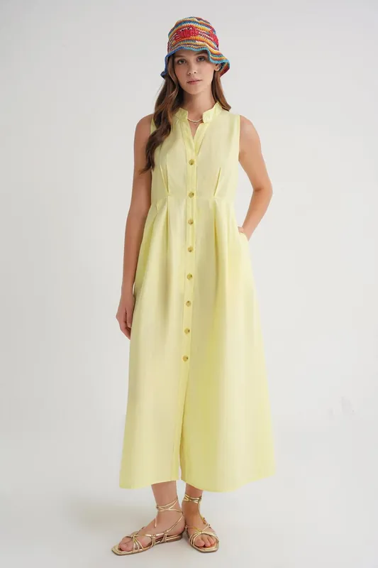 Buttoned Tippet Collar Maxi Dress - MixRay