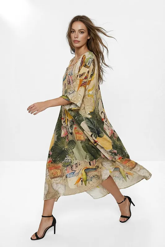 Tropical Print Oversized Kaftan Maxi Dress with Fluid Silhouette - WOVCOR