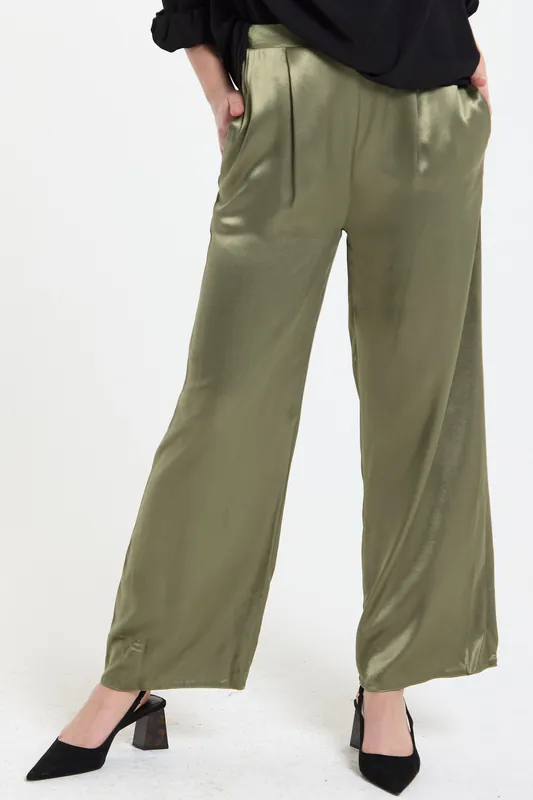 Olive Satin Wide Leg Trousers - Liquorish