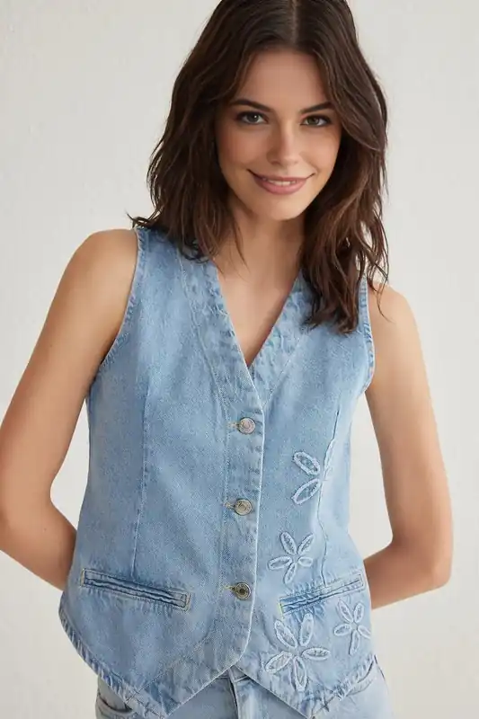 Floral Embroidered Denim Waistcoat - WOVCOR