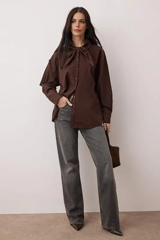 Cotton Poplin Shirt with Bow Tie Neck Detail - WOVCOR