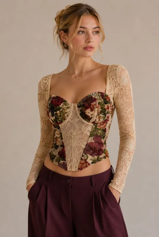 Floral Lace Long Sleeve Corset Top With Lace-Up Back