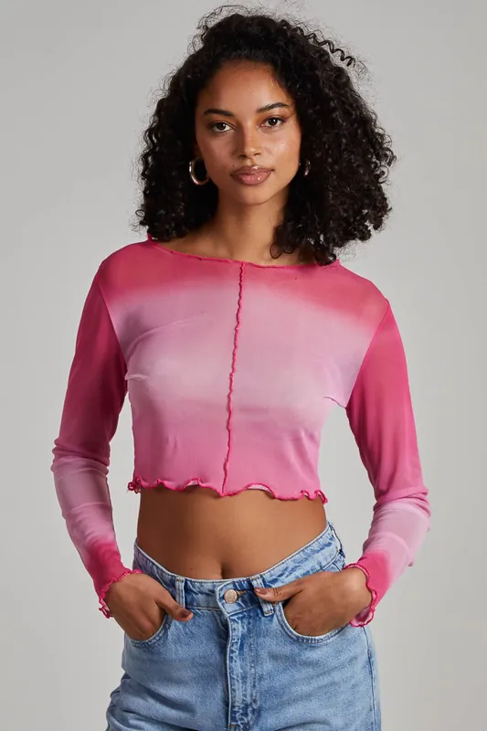Ombre Exposed Long Sleeve Mesh Top - Pink Vanilla