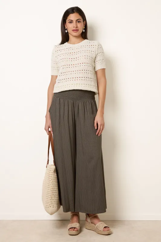 Khaki Wide Leg Shirred Waist Wavy Trousers - Blue Vanilla