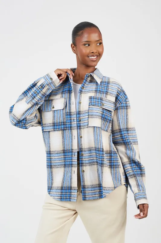 Check Print Long Sleeve Fleece Shirt - Brave Soul