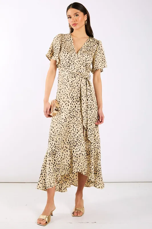Cream Animal Printed Satin Wrap Midi Dress - Needs No Label