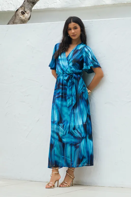 Blue Tie Dye Print Wrap Midi Dress - Gini London