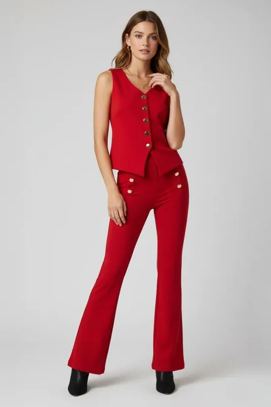 Button Waistcoat Top and Wide Leg Trouser Co-Ord Set